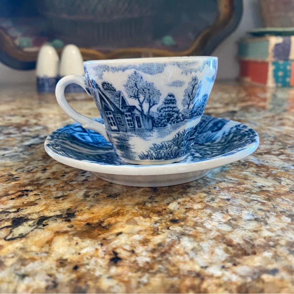 Blue & white ironstone japan Demitasse Espresso Cup & Saucer Set some crazing